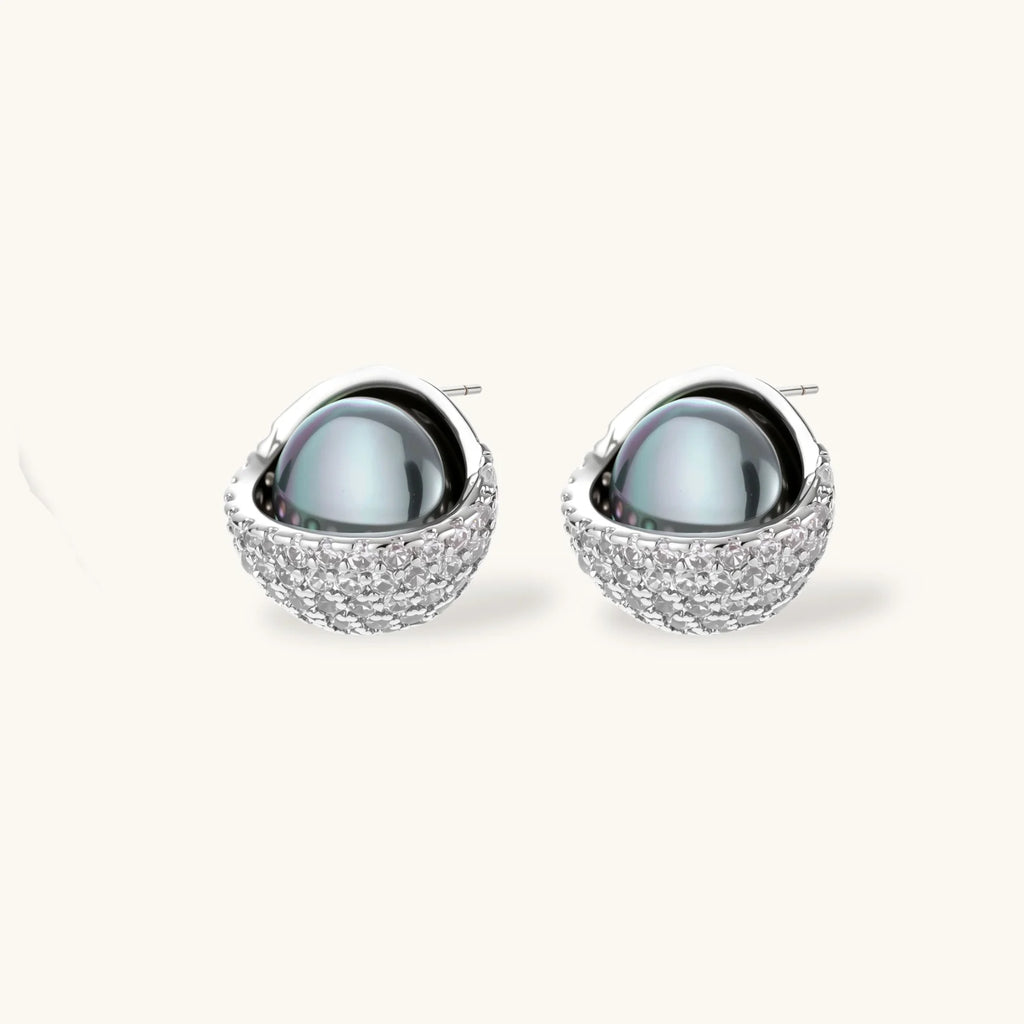 Necklace and stud earrings set with silver-gray domed centers in white gold plated eco-brass shells pavé-set with zirconia.