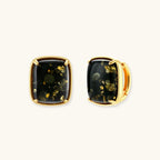Elegant cushion-cut green amber earrings with golden inclusions in 18K gold-plated sterling silver settings.